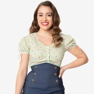 Unique Vintage Mint Floral Garden Elaine Blouse
